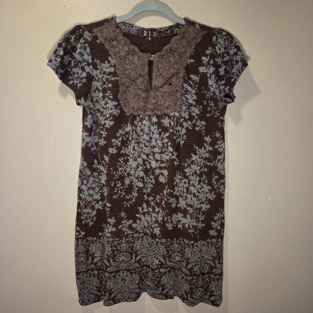 213 Wool Blend Short Sleeve Mini Sweater Dress Boho, Women's Size M, Brown Blue